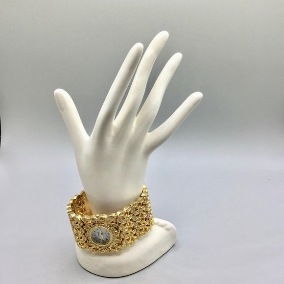 Vintage 90s Xanadu Watch Wide Band Jeweled Gold Tone and Crystals Ladies Watch - Picture 10 of 15